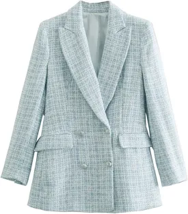Plaid Double Breasted Blazer Jacket for Women 2024 Fashion Elegant Open Front Casual Work Office Pocket Suit Coat