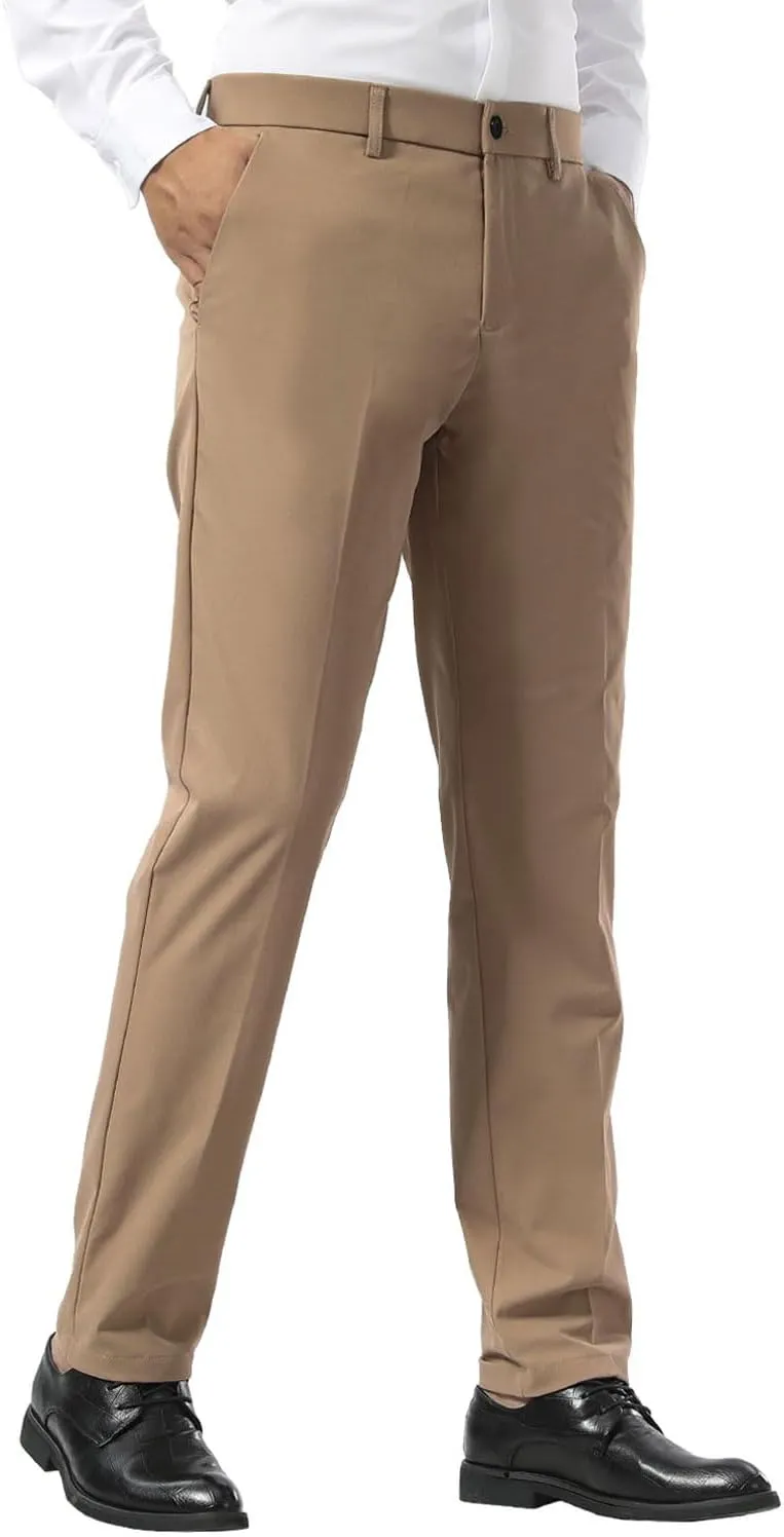 Plaid&Plain Men's Dress Pants Slim Fit Stretch Khaki Pants Wrinkle Free