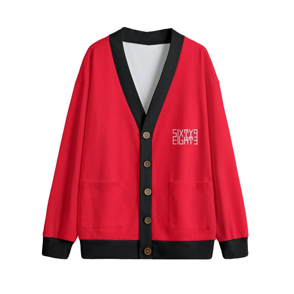 Sixty Eight 93 Logo White Red & Black Unisex V-Neck Knitted Fleece Cardigan