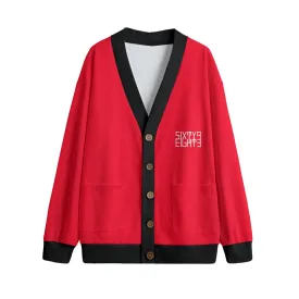 Sixty Eight 93 Logo White Red & Black Unisex V-Neck Knitted Fleece Cardigan