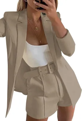 Tcremisa Blazer Shorts Set for Women 2 Piece Long Sleeve Open Front Blazers Short Suits Business Outfits with Belt