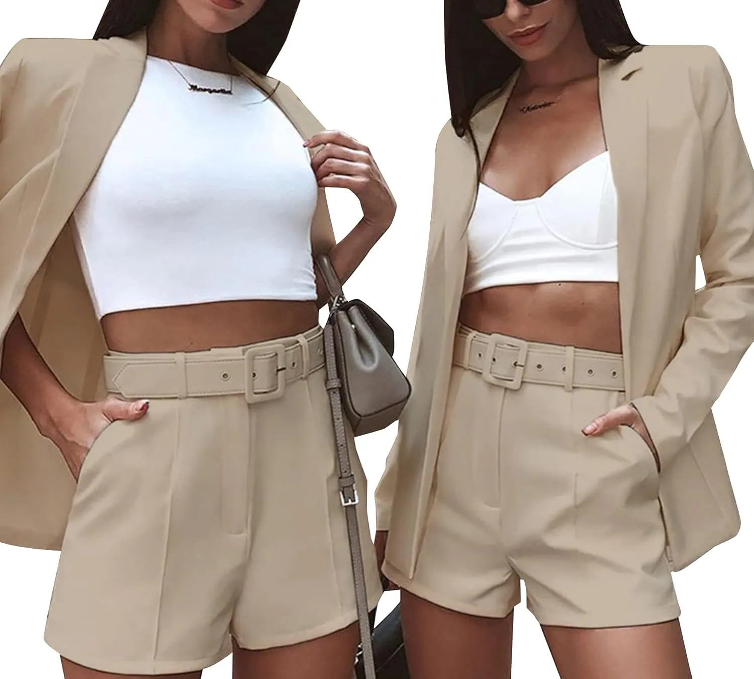 Tcremisa Blazer Shorts Set for Women 2 Piece Long Sleeve Open Front Blazers Short Suits Business Outfits with Belt