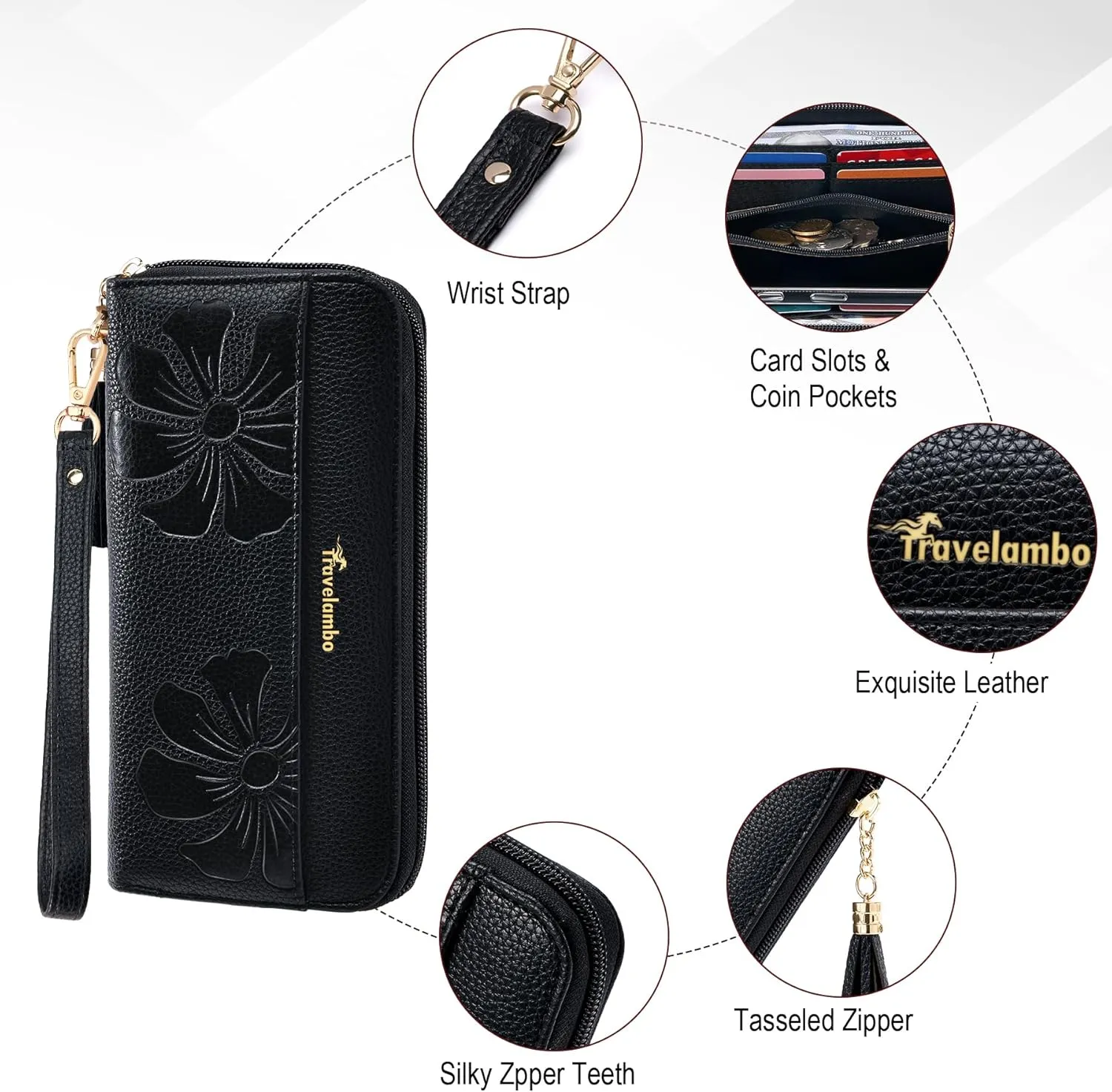 Travelambo Womens Wallet Tassel Bifold Ladies Cluth Wristlet Wrist strap Long Purse