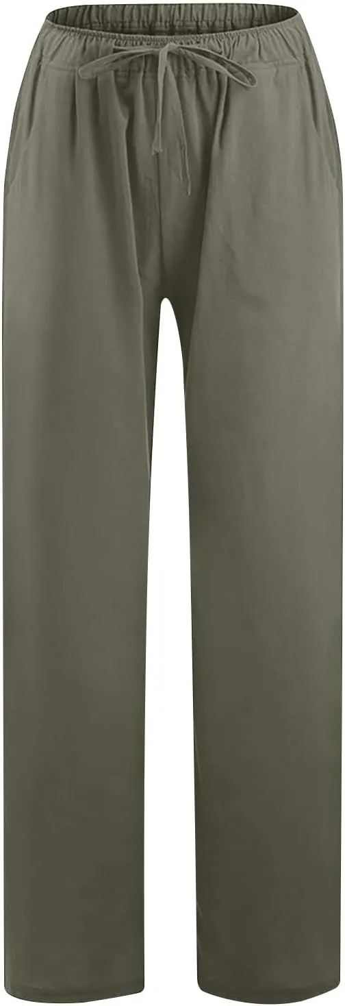TUNUSKAT Womens Wide Leg Linen Pants Summer High Waist Cotton Palazzo Trousers Lounge Flowy Boho Slacks Beach Travel Outfits