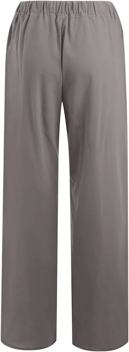 TUNUSKAT Womens Wide Leg Linen Pants Summer High Waist Cotton Palazzo Trousers Lounge Flowy Boho Slacks Beach Travel Outfits