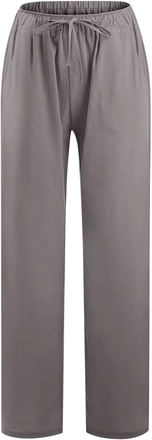 TUNUSKAT Womens Wide Leg Linen Pants Summer High Waist Cotton Palazzo Trousers Lounge Flowy Boho Slacks Beach Travel Outfits
