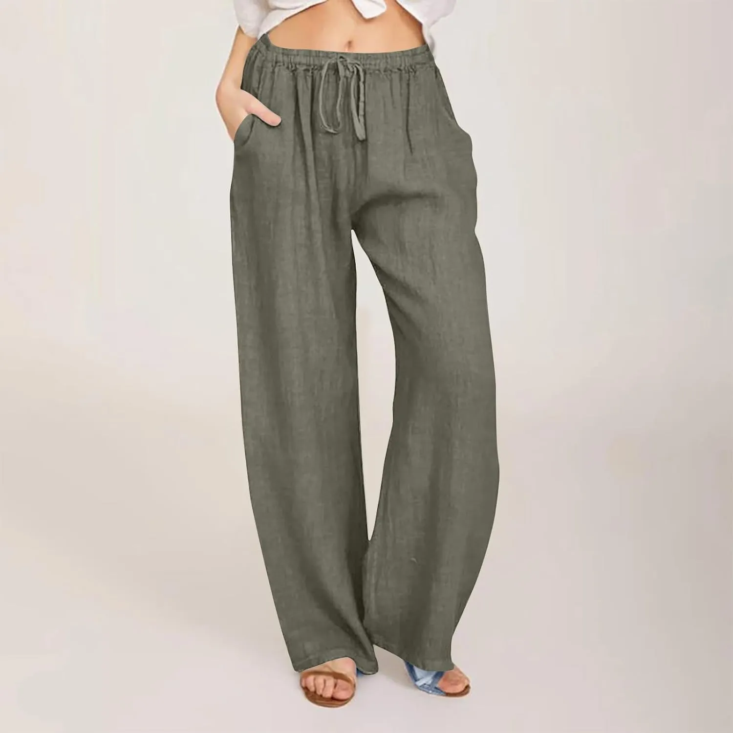 TUNUSKAT Womens Wide Leg Linen Pants Summer High Waist Cotton Palazzo Trousers Lounge Flowy Boho Slacks Beach Travel Outfits