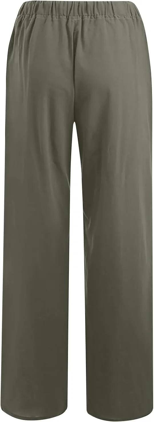 TUNUSKAT Womens Wide Leg Linen Pants Summer High Waist Cotton Palazzo Trousers Lounge Flowy Boho Slacks Beach Travel Outfits