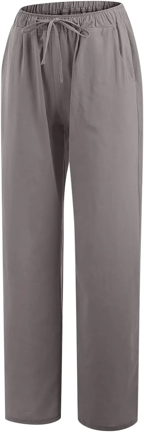 TUNUSKAT Womens Wide Leg Linen Pants Summer High Waist Cotton Palazzo Trousers Lounge Flowy Boho Slacks Beach Travel Outfits