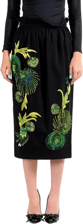 Versace Women's Black Silk Embroidered Straight Pencil Skirt US XS IT 38