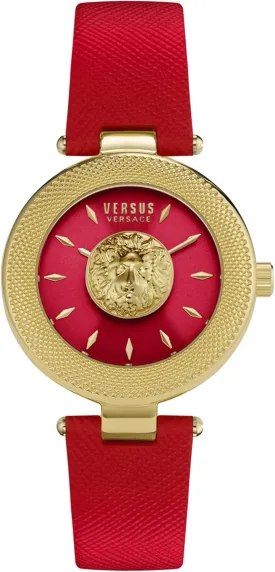 Versus Versace Brick Lane Lion Collection Luxury Womens Watch Timepieces with a Red Strap and Dial Featuring a Gold Case