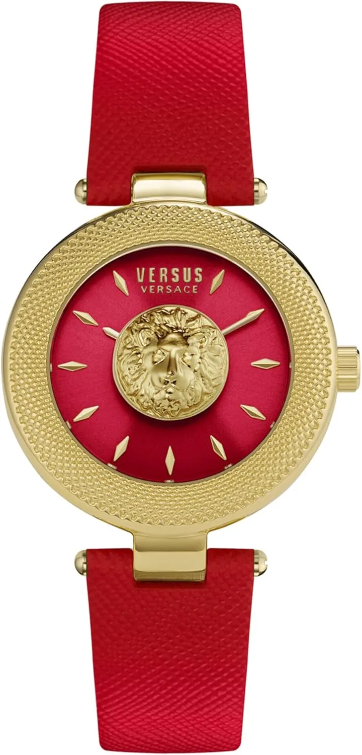 Versus Versace Brick Lane Lion Collection Luxury Womens Watch Timepieces with a Red Strap and Dial Featuring a Gold Case