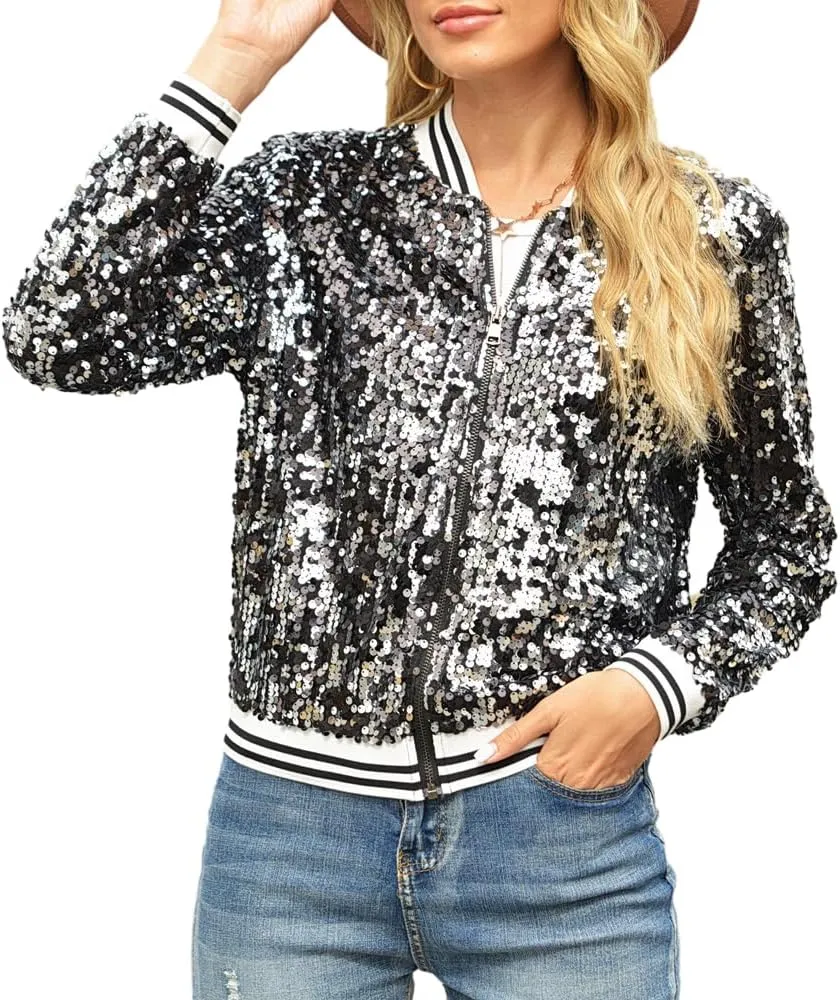Women Sequin Jacket Long Sleeve Front Zipper Ribbed Blazer Bomber Jacket