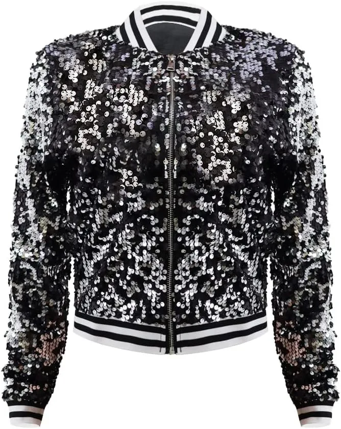 Women Sequin Jacket Long Sleeve Front Zipper Ribbed Blazer Bomber Jacket