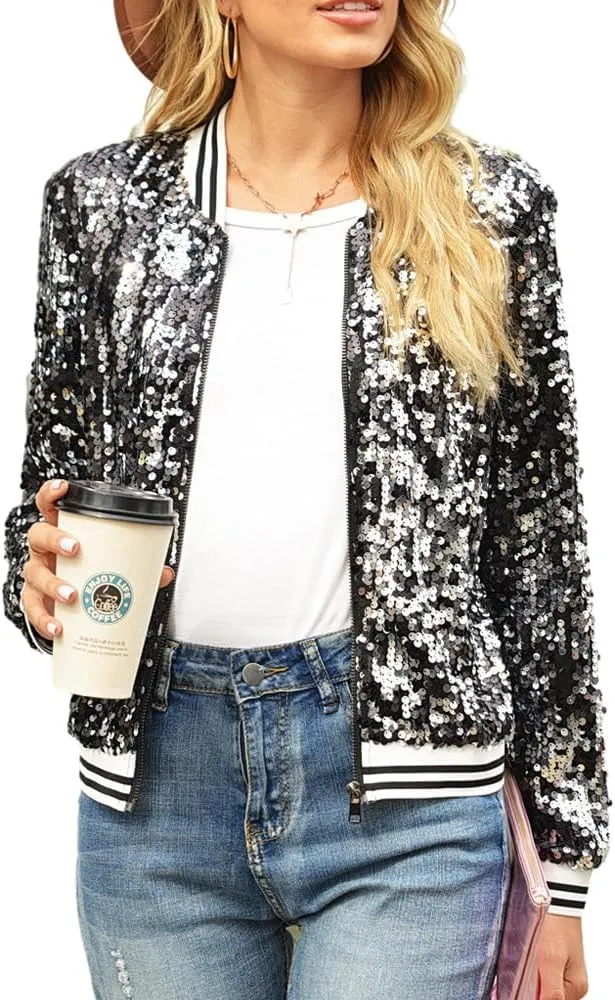 Women Sequin Jacket Long Sleeve Front Zipper Ribbed Blazer Bomber Jacket
