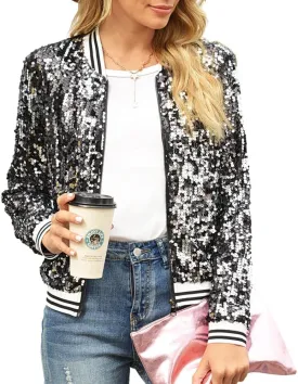 Women Sequin Jacket Long Sleeve Front Zipper Ribbed Blazer Bomber Jacket