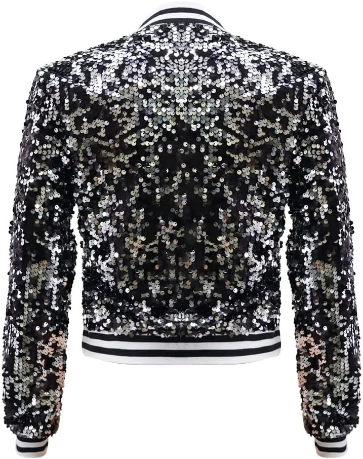 Women Sequin Jacket Long Sleeve Front Zipper Ribbed Blazer Bomber Jacket
