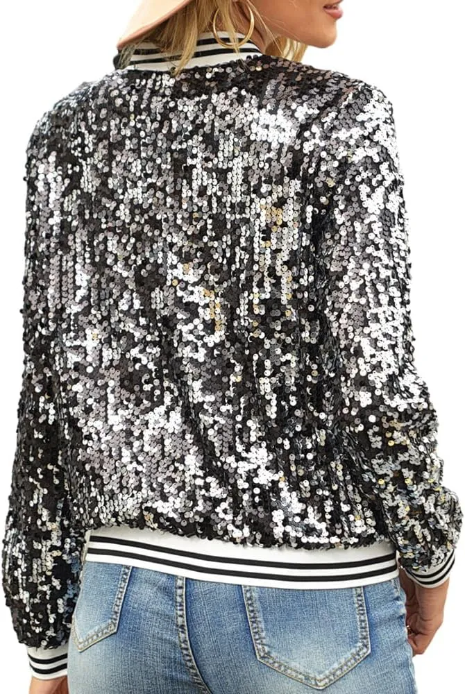 Women Sequin Jacket Long Sleeve Front Zipper Ribbed Blazer Bomber Jacket