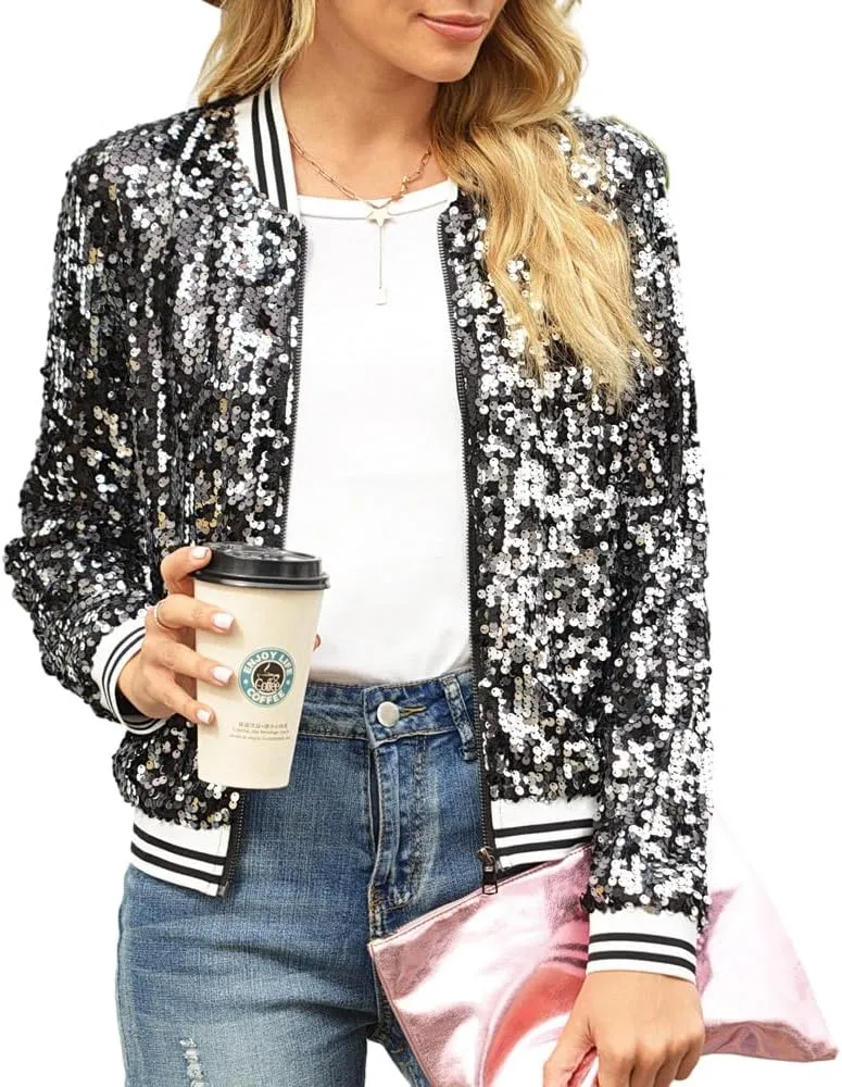Women Sequin Jacket Long Sleeve Front Zipper Ribbed Blazer Bomber Jacket