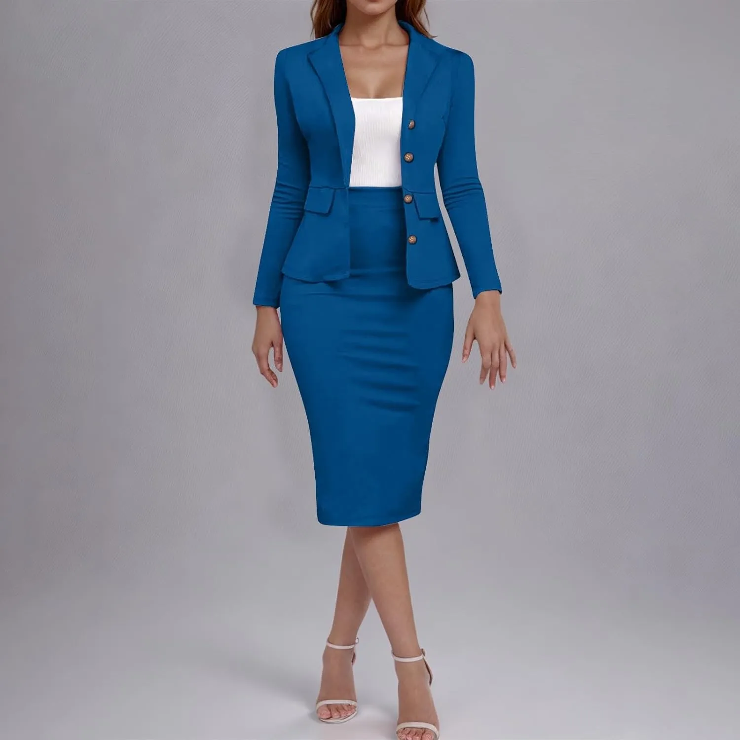 Women Two Piece Suit Skirt Set Business Casual Long Sleeve Blazer and Pencil Skirt Blazer Sets Women 2 Piece Outfits