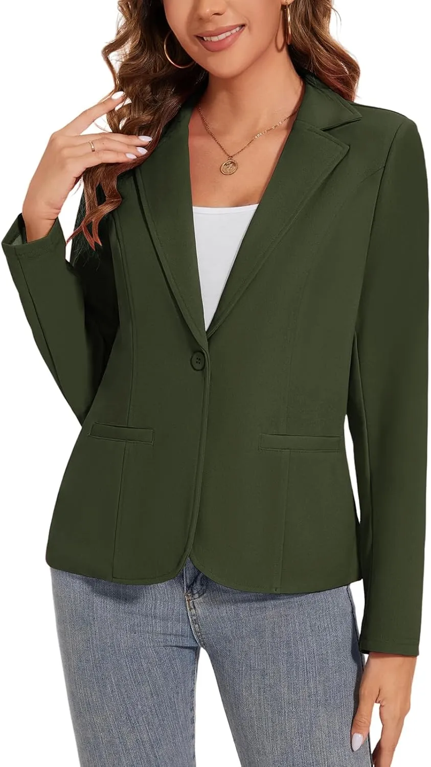 Women's Button Front Blazer Jackets Long Sleeve Lapel Business Casual Office Work Lightweight Blazers with Pocket