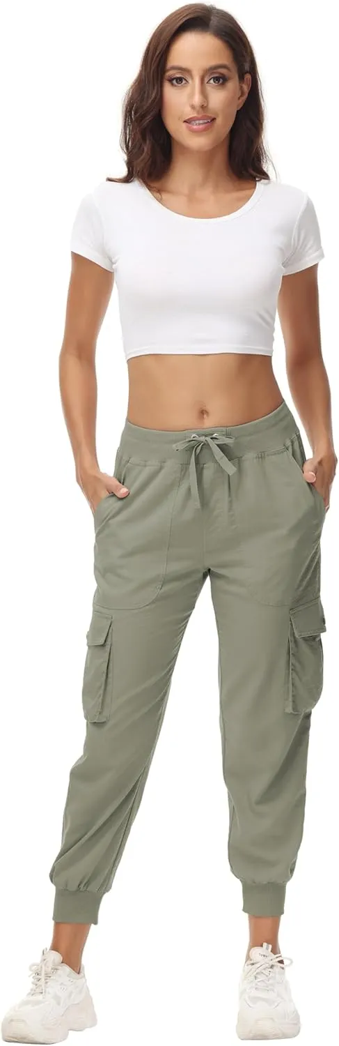 Women's Cargo Hiking Pants Quick Dry Lightweight Elastic Waist Button Pockets Joggers Athletic Sweatpants Travel Casual