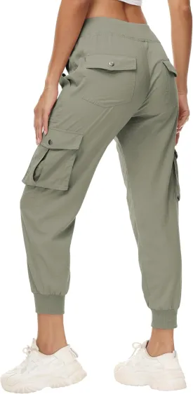 Women's Cargo Hiking Pants Quick Dry Lightweight Elastic Waist Button Pockets Joggers Athletic Sweatpants Travel Casual