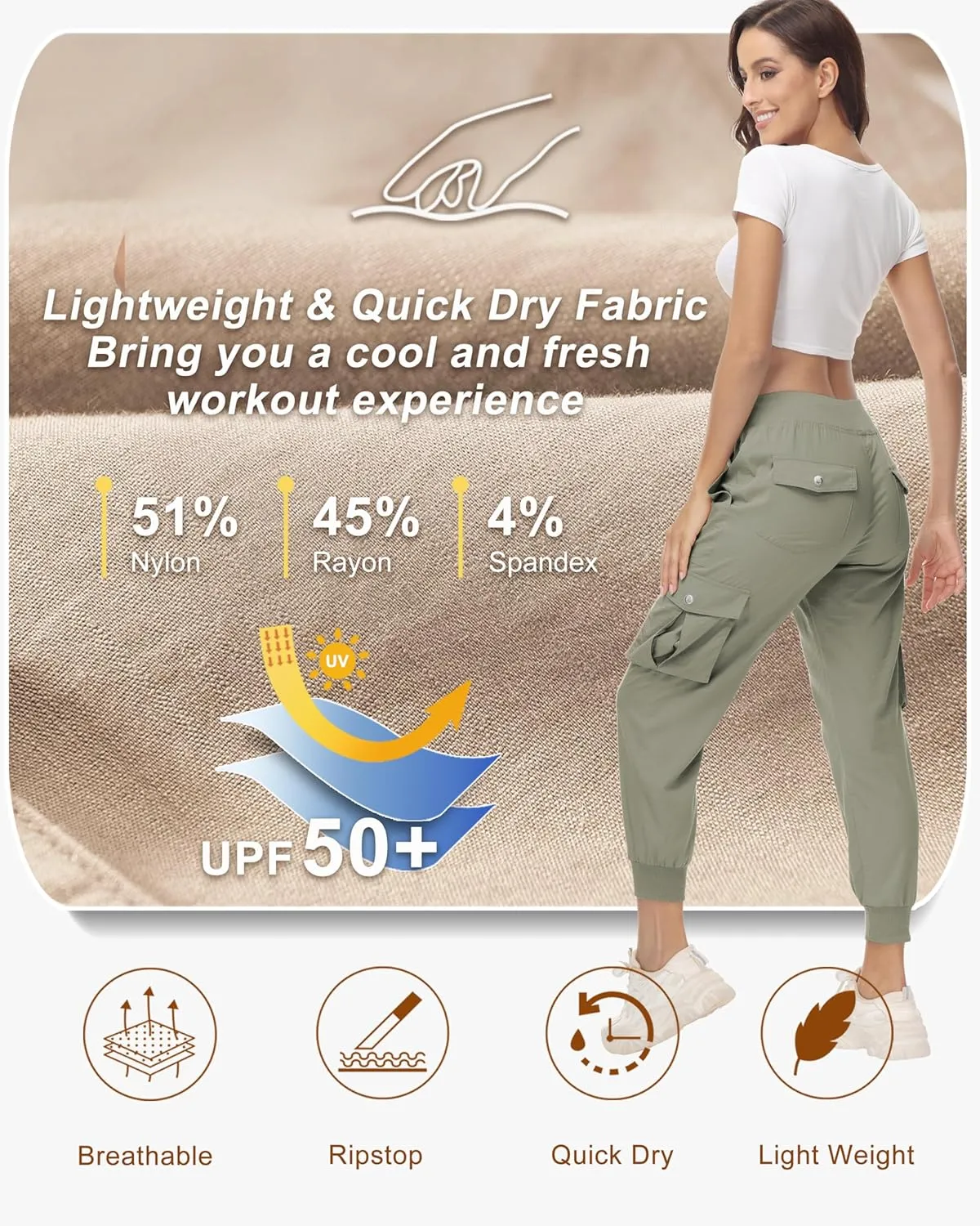 Women's Cargo Hiking Pants Quick Dry Lightweight Elastic Waist Button Pockets Joggers Athletic Sweatpants Travel Casual