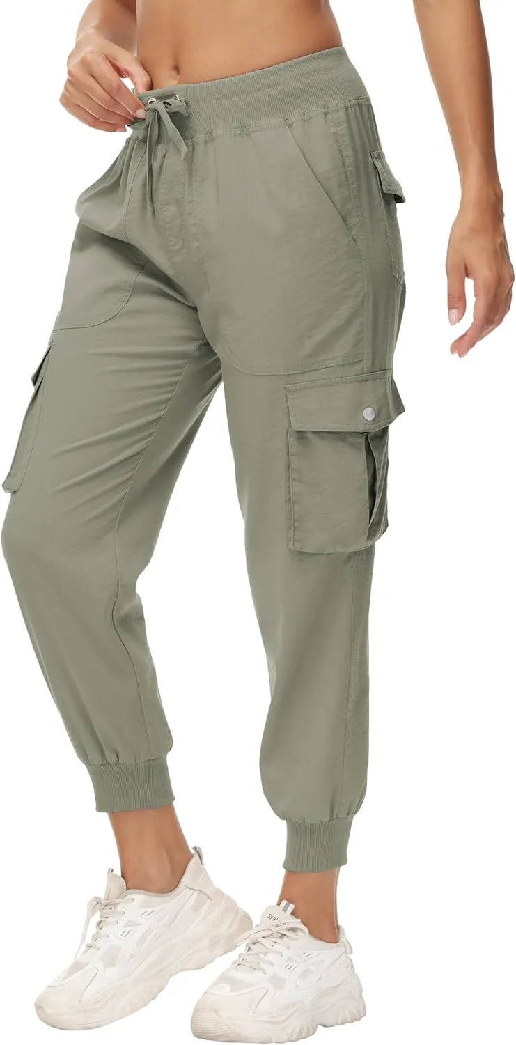 Women's Cargo Hiking Pants Quick Dry Lightweight Elastic Waist Button Pockets Joggers Athletic Sweatpants Travel Casual