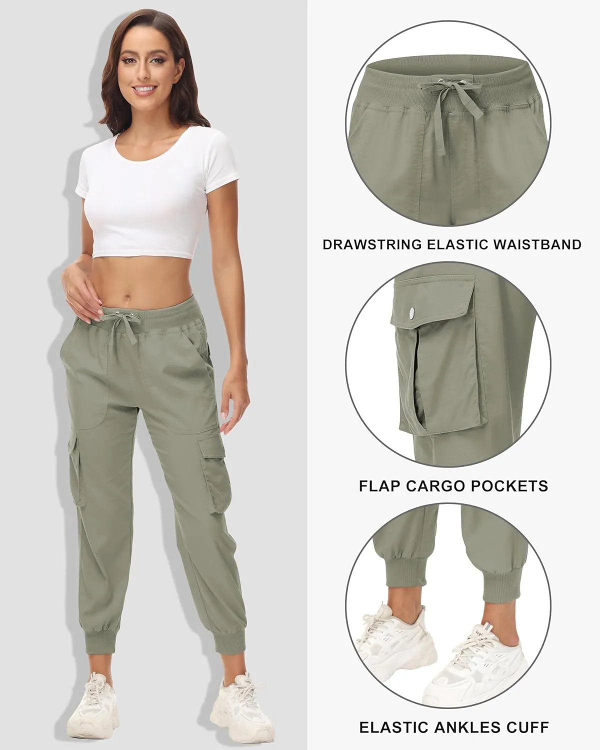 Women's Cargo Hiking Pants Quick Dry Lightweight Elastic Waist Button Pockets Joggers Athletic Sweatpants Travel Casual