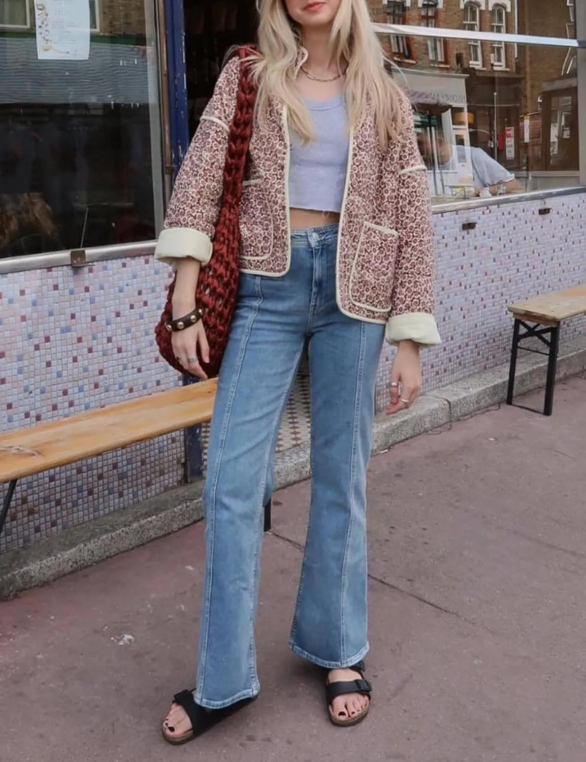 Womens Quilted Lightweight Jackets Floral Print Cropped Puffer Jacket Open Front Cardigan with Pockets Winter Coats
