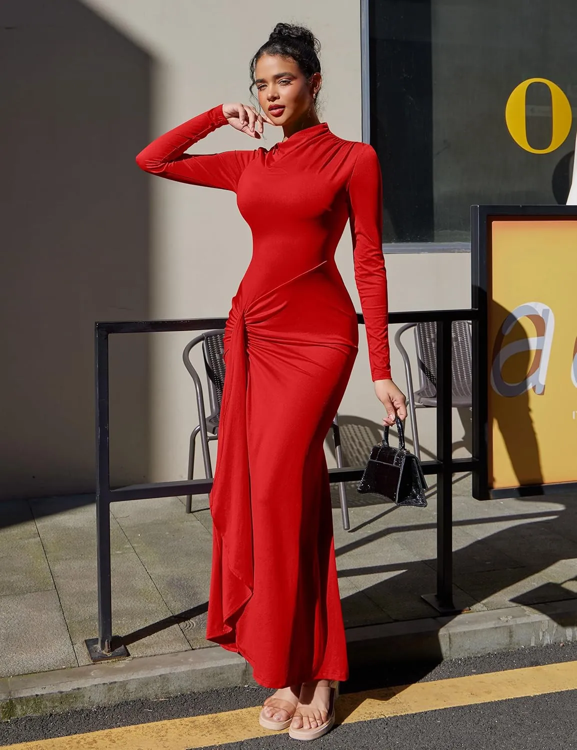 YMDUCH Women's Casual Long Sleeve Boat Neck High Split Ruched Bodycon Long Formal Dress