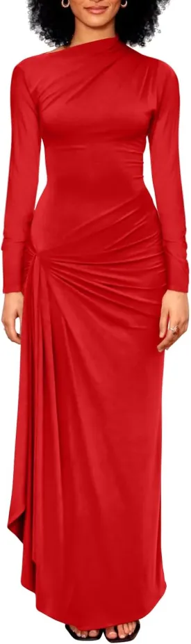 YMDUCH Women's Casual Long Sleeve Boat Neck High Split Ruched Bodycon Long Formal Dress