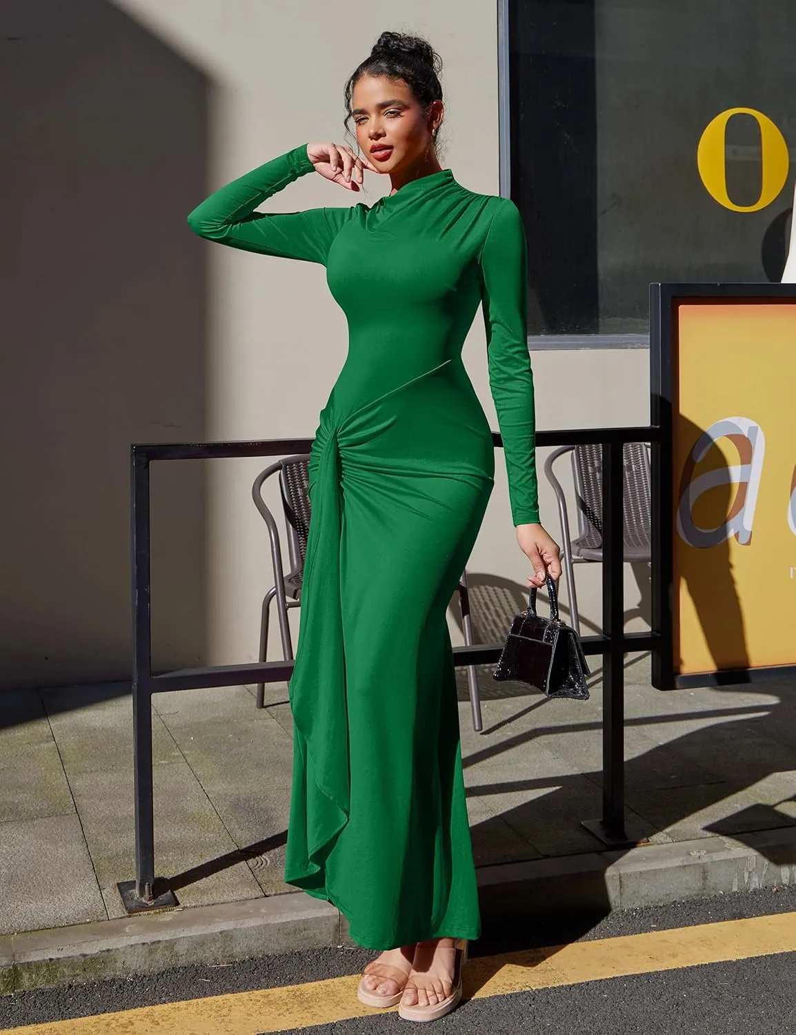 YMDUCH Women's Casual Long Sleeve Boat Neck High Split Ruched Bodycon Long Formal Dress