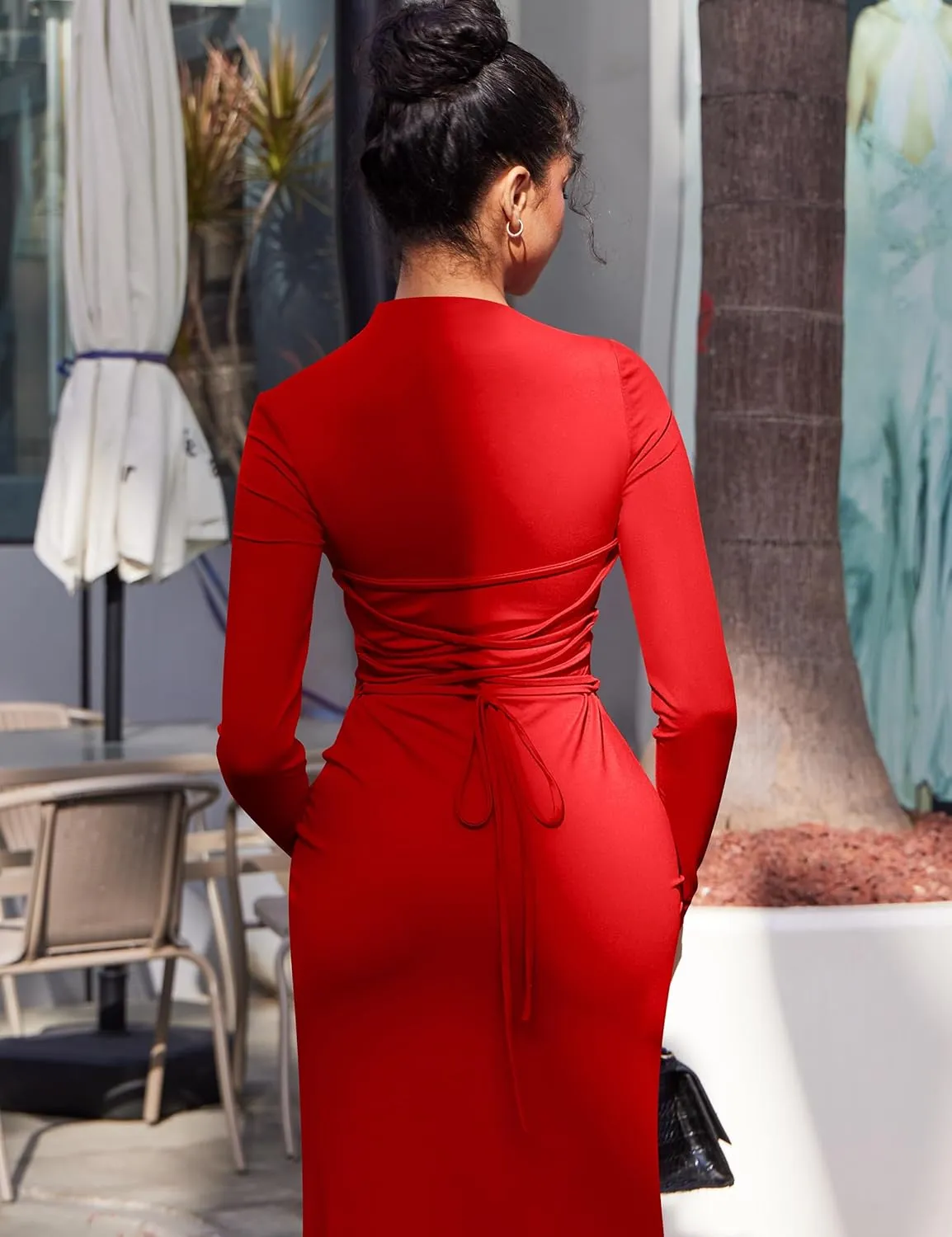 YMDUCH Women's Casual Long Sleeve Boat Neck High Split Ruched Bodycon Long Formal Dress