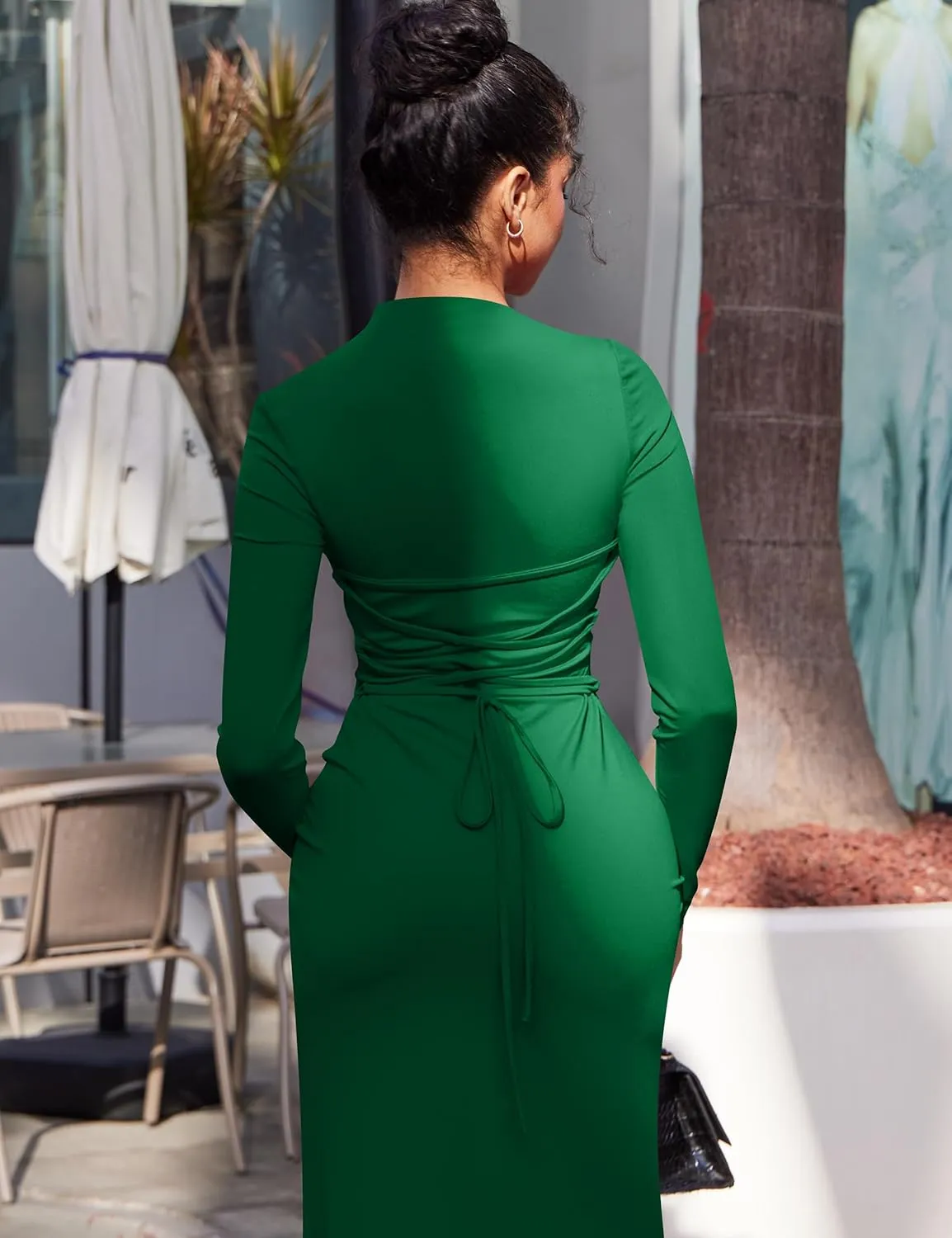 YMDUCH Women's Casual Long Sleeve Boat Neck High Split Ruched Bodycon Long Formal Dress