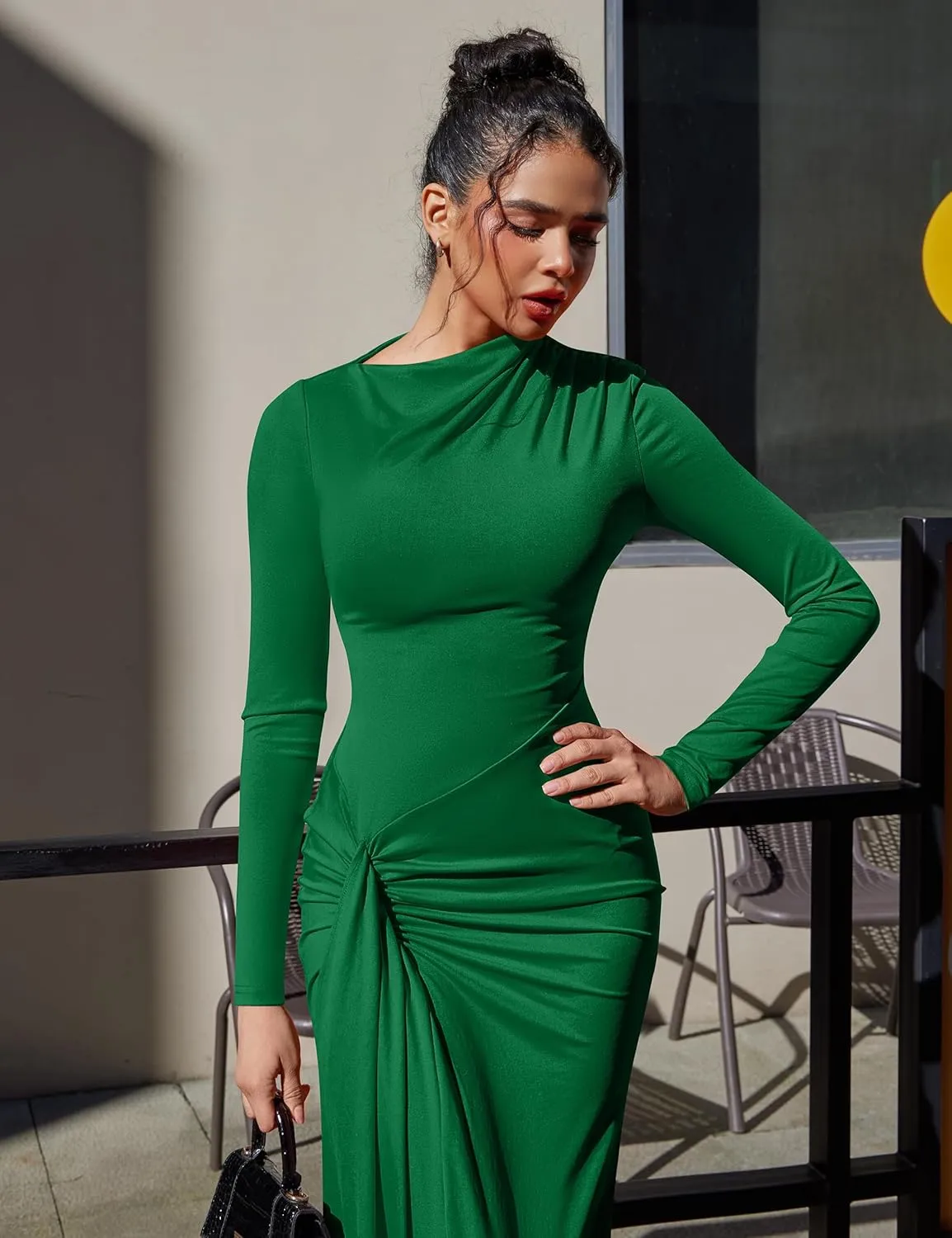 YMDUCH Women's Casual Long Sleeve Boat Neck High Split Ruched Bodycon Long Formal Dress