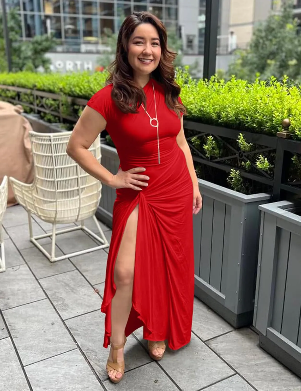 YMDUCH Women's Casual Short Sleeve Boat Neck Ruched High Split Bodycon Long Party Dress