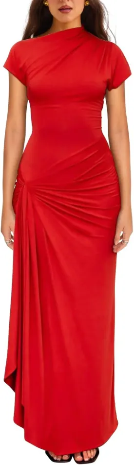 YMDUCH Women's Casual Short Sleeve Boat Neck Ruched High Split Bodycon Long Party Dress