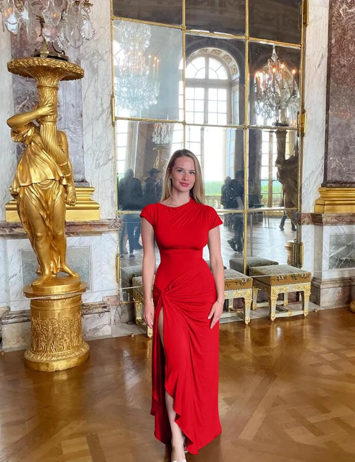 YMDUCH Women's Casual Short Sleeve Boat Neck Ruched High Split Bodycon Long Party Dress