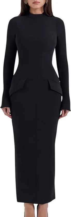 YMDUCH Women's Long Sleeve Mock Turtle Neck Bodycon Back Slit Club Party Long Pencil Dress