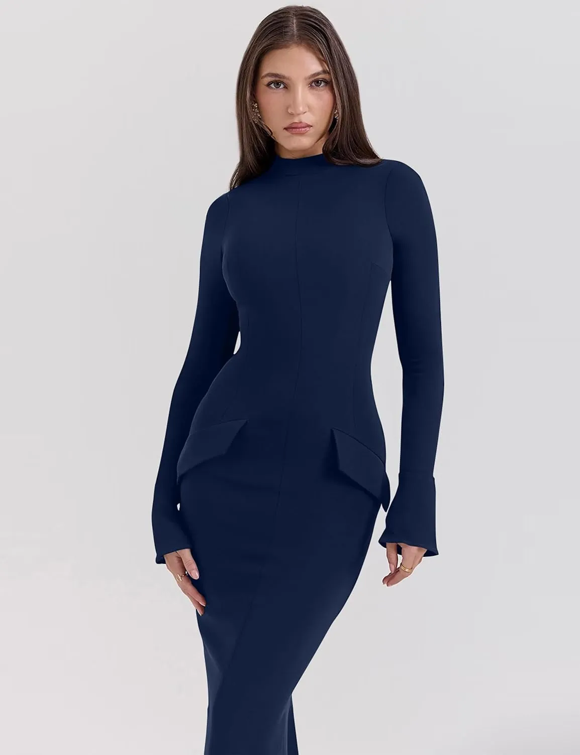 YMDUCH Women's Long Sleeve Mock Turtle Neck Bodycon Back Slit Club Party Long Pencil Dress