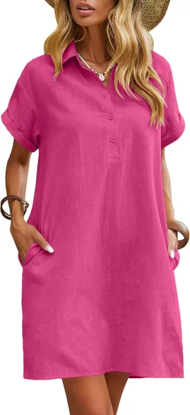 Zeagoo Womens Cotton Shirt Dress Summer Casual Short Sleeve Button Down Beach Cover Up Shirts with Pockets
